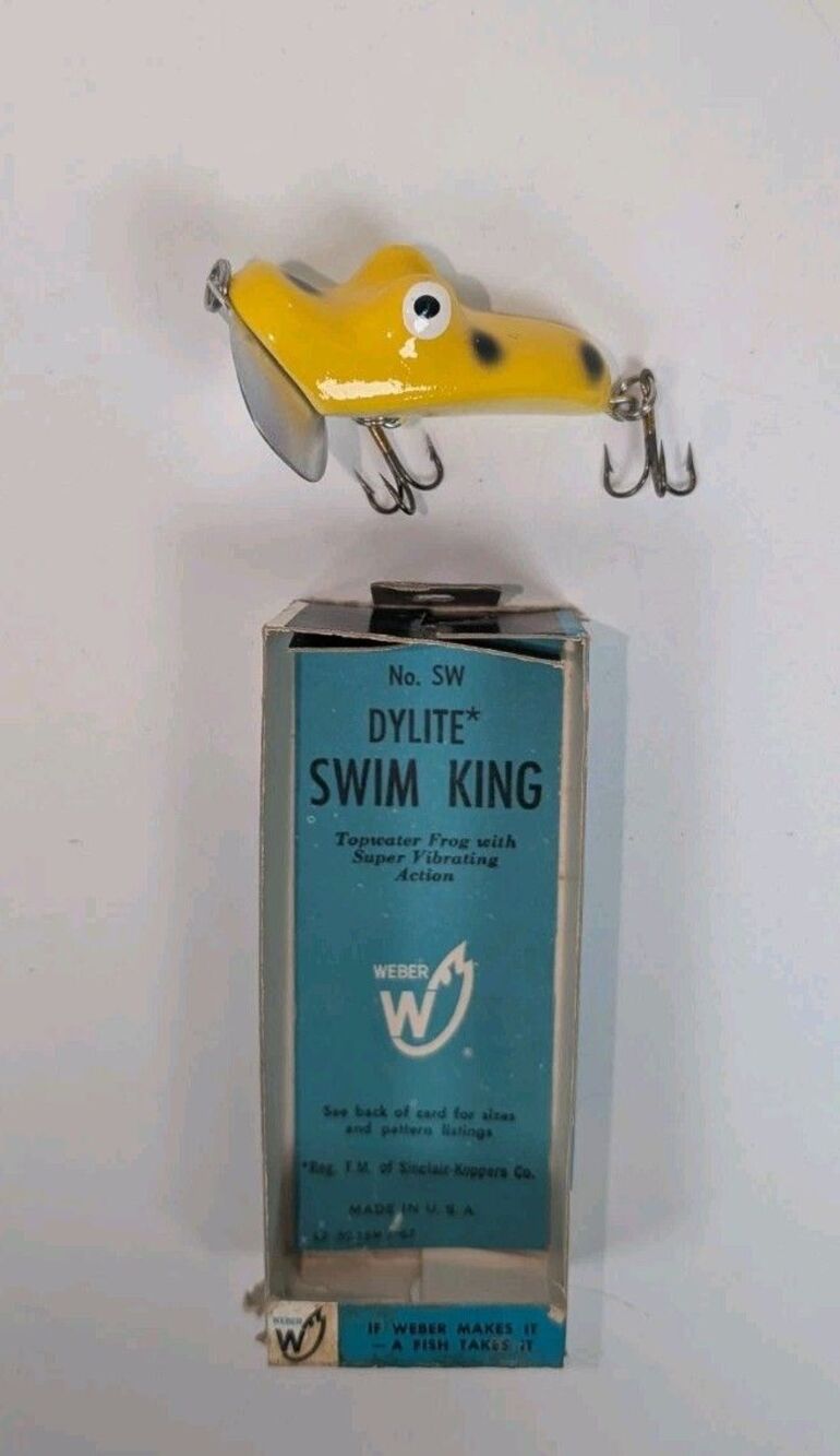 Vintage Weber Dylite Swim King No SW Yellow Black Frog Fishing Lure w Box